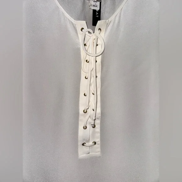 ACROBAT Ivory White Silk Lace Up Blouse L - Picture 4 of 12